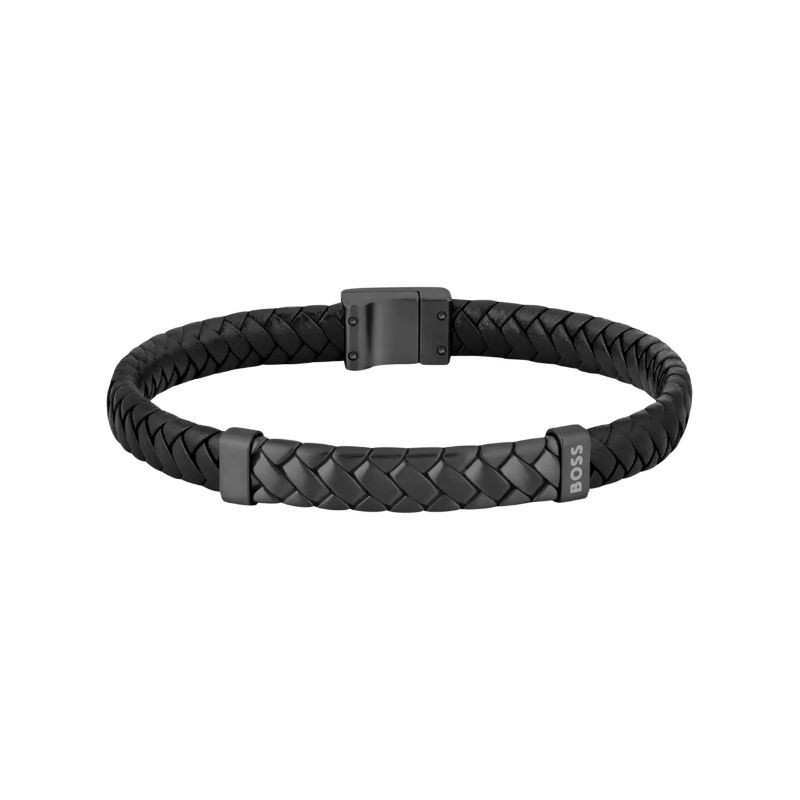 Bracelet Boss Tailored cuir noir acier inoxydable | 1580676M