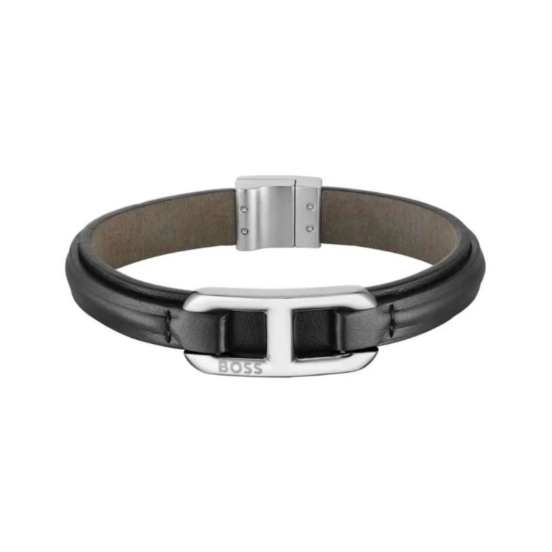 Bracelet Boss Kode cuir noir et acier argenté | 1580783M